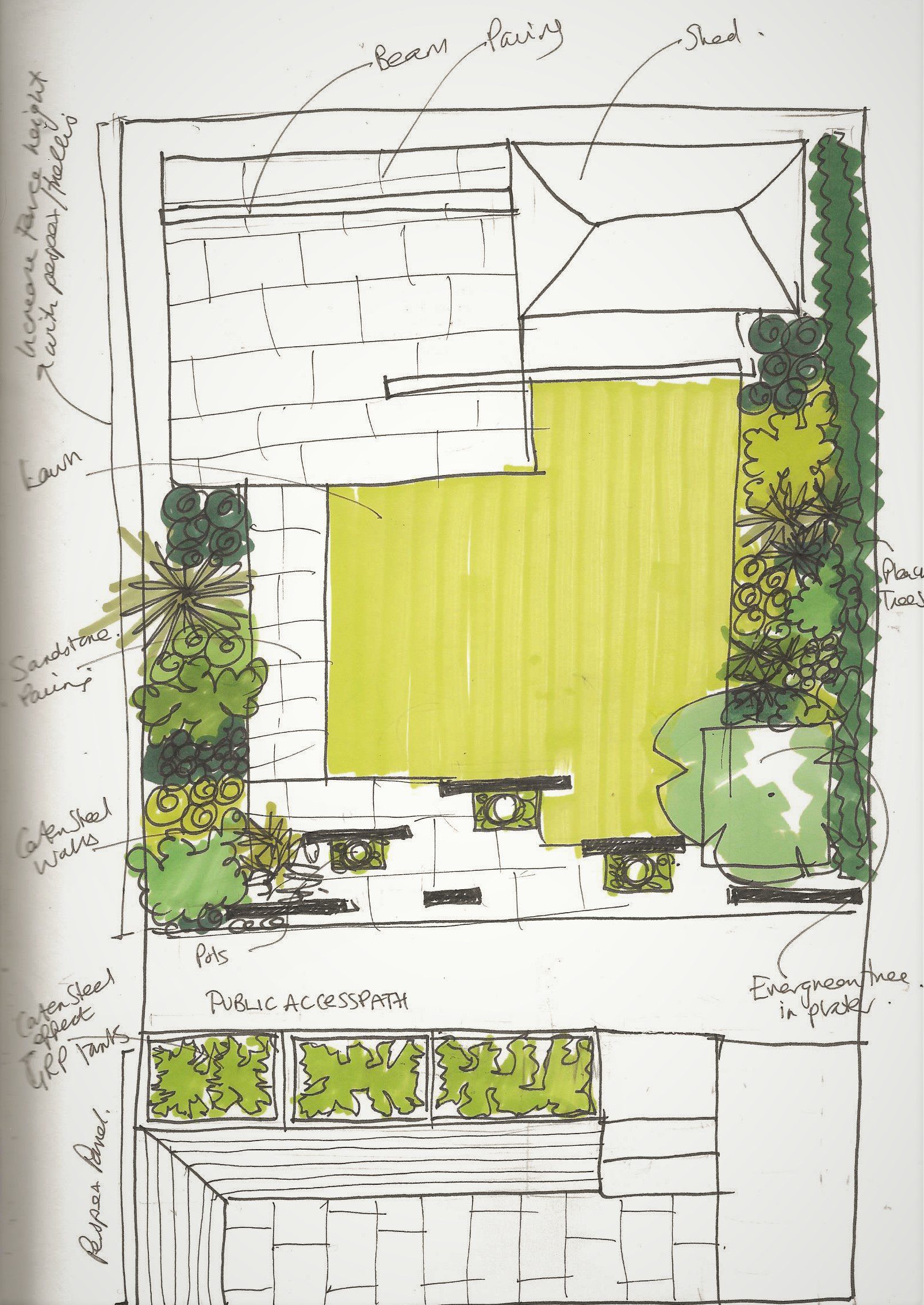 East-facing garden design sketches